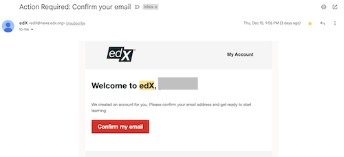 edX登録後の筆者が受領したメール